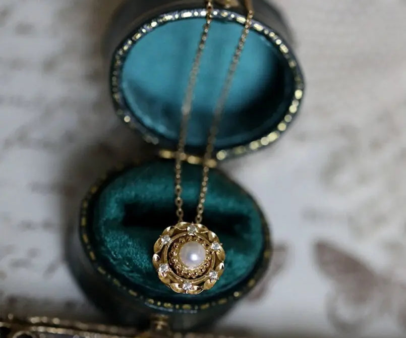 18K Yellow Gold White Pearl Diamond Necklace Etsy
