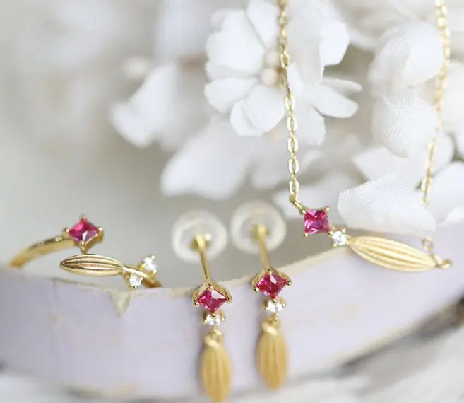 Natural Ruby & White Diamond 18K Yellow Gold Wheat Jewelry Set Etsy