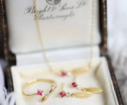 Natural Ruby & White Diamond 18K Yellow Gold Wheat Jewelry Set Etsy