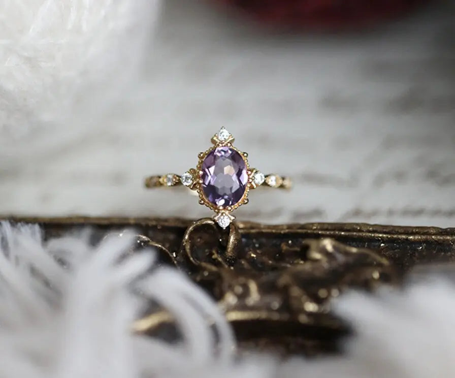 Amethyst Diamond Ring - 18K Yellow Gold Cluster Ring LaCorserArtJewelry