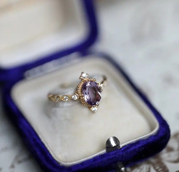 Amethyst Diamond Ring - 18K Yellow Gold Cluster Ring LaCorserArtJewelry