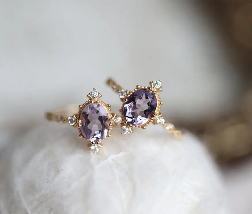 Amethyst Diamond Ring - 18K Yellow Gold Cluster Ring LaCorserArtJewelry