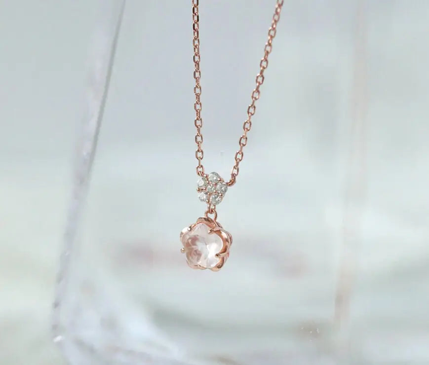 Sakura Pink Quartz & White Diamonds Necklace Handmade 18K Solid Yellow Gold Necklace, Anniversary Gift Idea, Retro Fine Jewelry Etsy