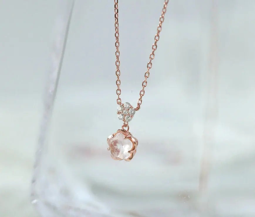 Sakura Pink Quartz & White Diamonds Necklace 18K Yellow Gold Etsy
