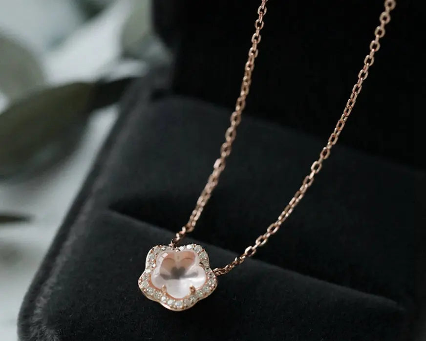 Sakura Pink Quartz & White Diamonds Necklace Handmade 18K Solid Yellow Gold Necklace, Anniversary Gift Idea, Retro Fine Jewelry Etsy
