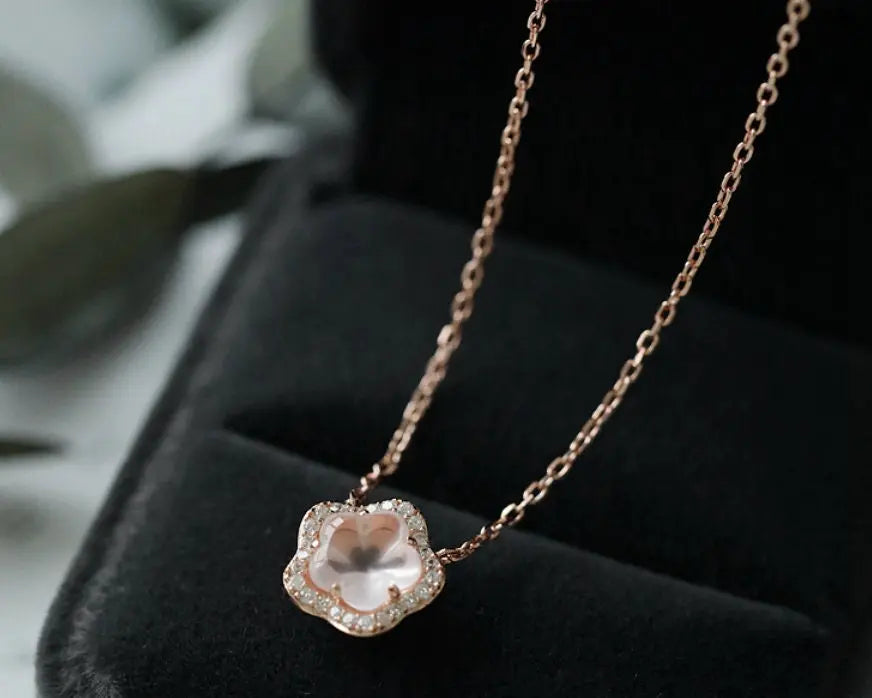 Sakura Pink Quartz & White Diamonds Necklace 18K Yellow Gold Etsy