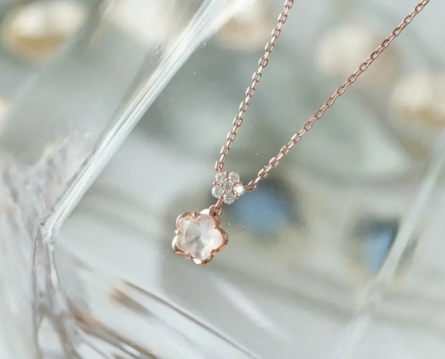 Sakura Pink Quartz & White Diamonds Necklace Handmade 18K Solid Yellow Gold Necklace, Anniversary Gift Idea, Retro Fine Jewelry Etsy