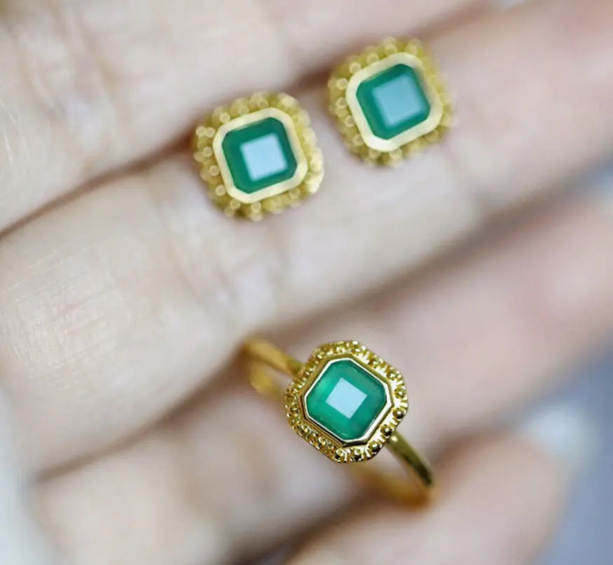 Natural Chrysoprase Square Shape Earrings Handmade 18k Solid Yellow Gold Earrings, Chrysoprase Ring, Anniversary Gift Idea, Retro Jewelry - LaCorserArtJewelry