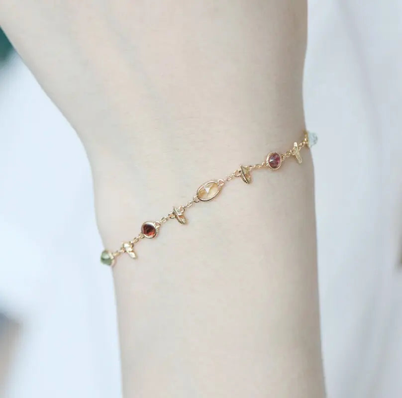 Natural Topaz & Garnet, Olivine, Crystal Bracelets Handmade 18K Solid Yellow Gold Leaf Bracelets, Anniversary Gift Idea, Retro Jewelry - LaCorserArtJewelry