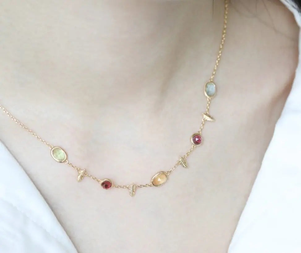 Natural Topaz & Garnet, Olivine, Crystal Bracelets Handmade 18K Solid Yellow Gold Leaf Bracelets, Anniversary Gift Idea, Retro Jewelry - LaCorserArtJewelry