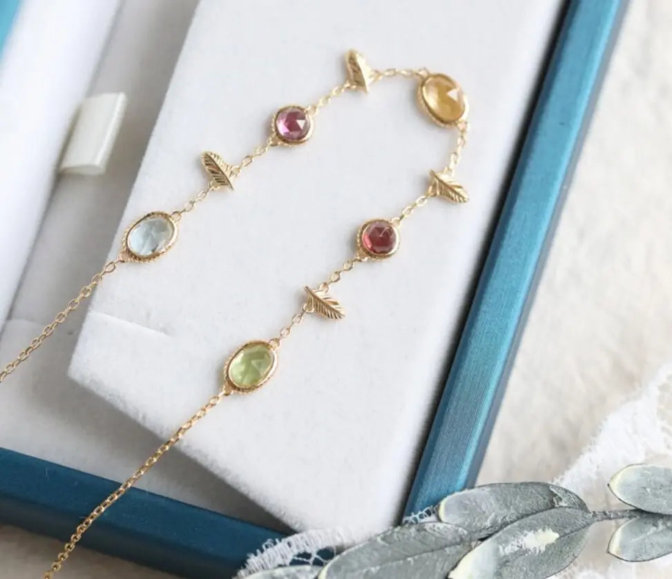 Natural Topaz & Garnet, Olivine, Crystal Bracelets Handmade 18K Solid Yellow Gold Leaf Bracelets, Anniversary Gift Idea, Retro Jewelry - LaCorserArtJewelry