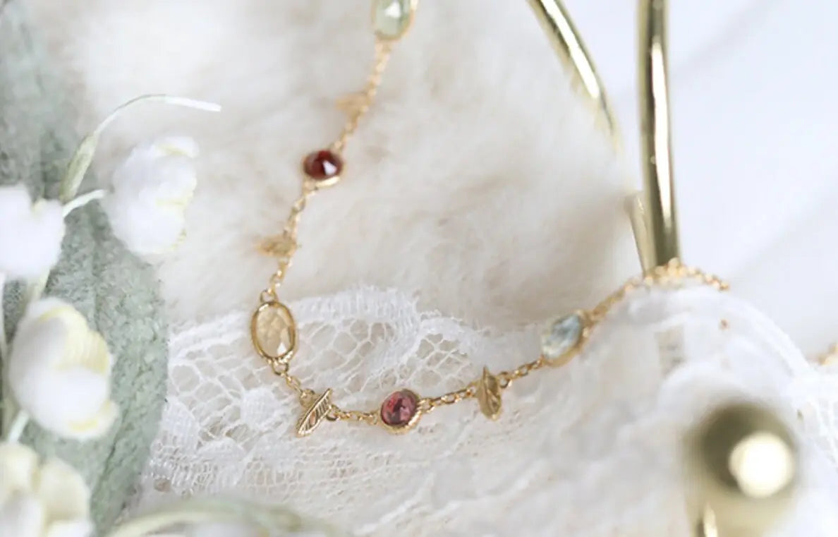 Natural Topaz & Garnet, Olivine, Crystal Bracelets Handmade 18K Solid Yellow Gold Leaf Bracelets, Anniversary Gift Idea, Retro Jewelry - LaCorserArtJewelry