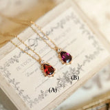 Natural Garnet Teardrop & White Diamond Necklace Handmade 18K Solid Yellow Gold Necklace, Gift for Her, Anniversary Gift Idea, Retro Jewelry Etsy