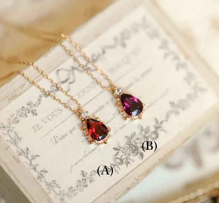Natural Garnet Teardrop & White Diamond Necklace Handmade 18K Solid Yellow Gold Necklace, Gift for Her, Anniversary Gift Idea, Retro Jewelry Etsy