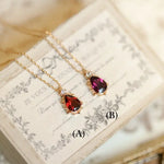 Natural Garnet Teardrop & White Diamond Necklace Handmade 18K Solid Yellow Gold Necklace, Gift for Her, Anniversary Gift Idea, Retro Jewelry Etsy