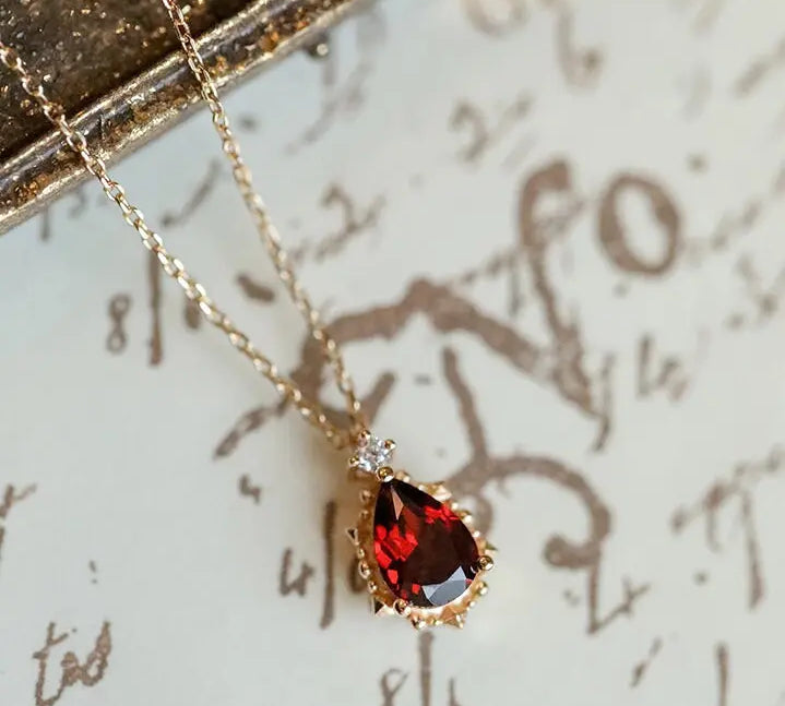 Natural Garnet Teardrop & White Diamond Necklace Handmade 18K Solid Yellow Gold Necklace, Gift for Her, Anniversary Gift Idea, Retro Jewelry Etsy