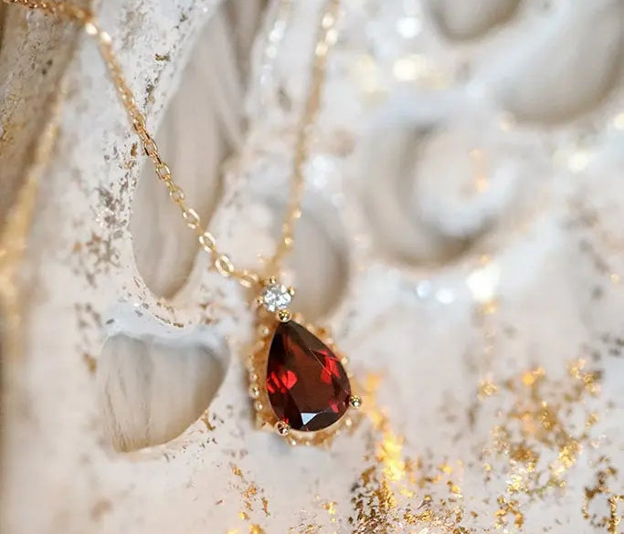Natural Garnet Teardrop & White Diamond Necklace Handmade 18K Solid Yellow Gold Necklace, Gift for Her, Anniversary Gift Idea, Retro Jewelry Etsy