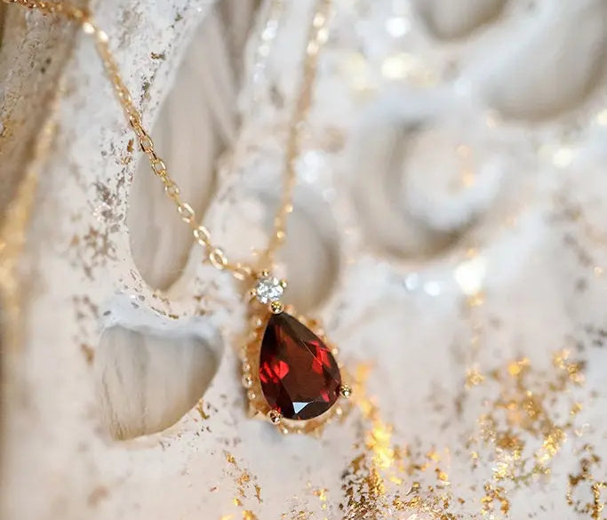Natural Garnet Teardrop & White Diamond Necklace Handmade 18K Solid Yellow Gold Necklace, Gift for Her, Anniversary Gift Idea, Retro Jewelry Etsy
