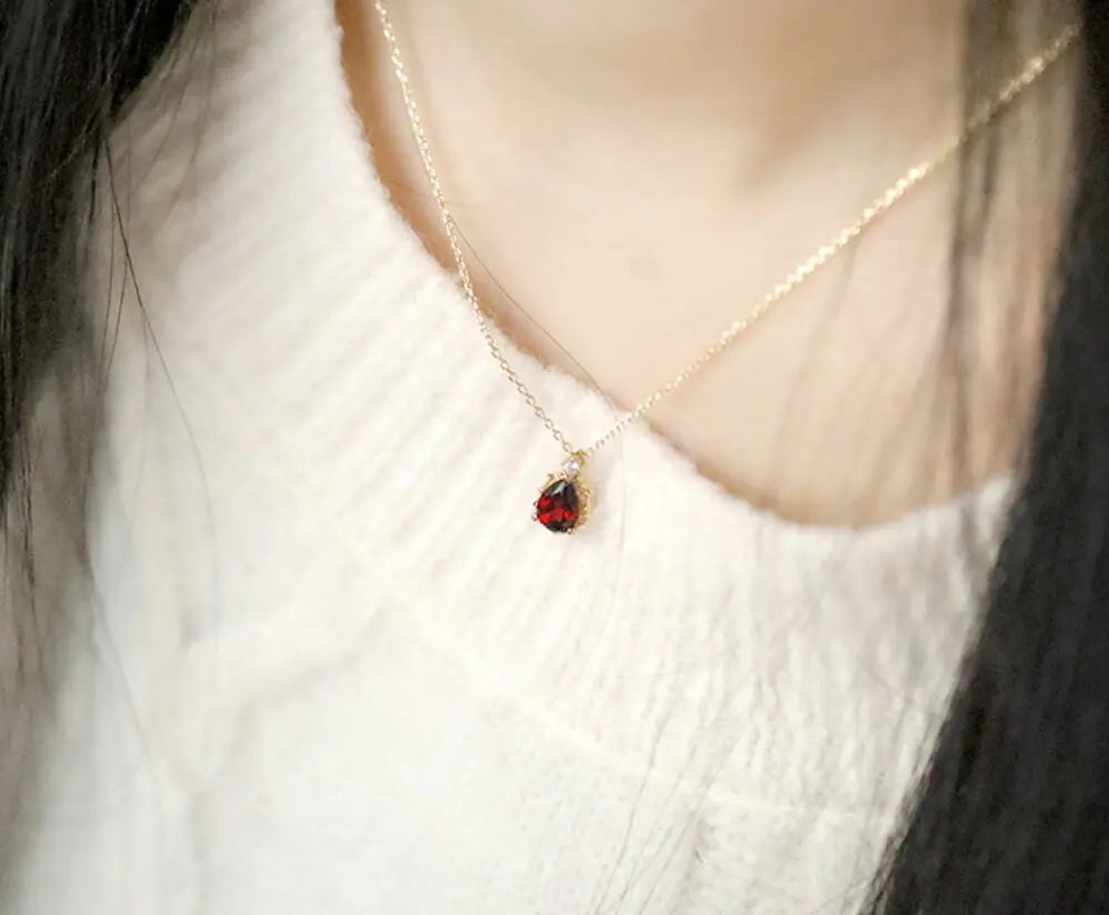 Natural Garnet Teardrop & White Diamond Necklace Handmade 18K Solid Yellow Gold Necklace, Gift for Her, Anniversary Gift Idea, Retro Jewelry Etsy