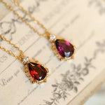 Natural Garnet Teardrop & White Diamond Necklace Handmade 18K Solid Yellow Gold Necklace, Gift for Her, Anniversary Gift Idea, Retro Jewelry Etsy