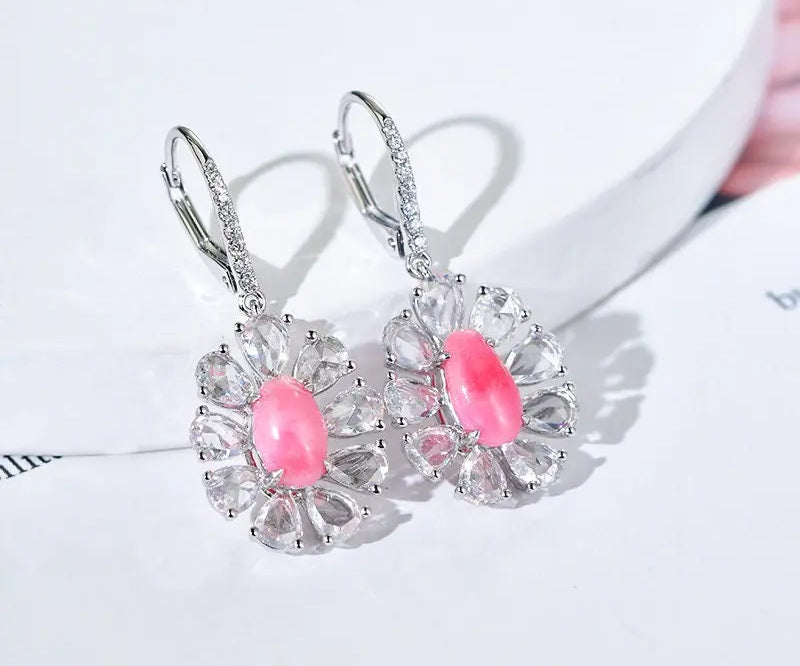 Queen Conch Pearl & White Diamond Marquise Cut Earrings 18K Solid White Gold Flower Earrings (Customize), Strombus Gigas, Flamed Pink Pearl - LaCorserArtJewelry