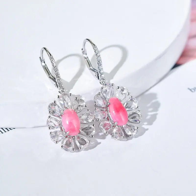 Queen Conch Pearl & White Diamond Marquise Cut Earrings 18K Solid White Gold Flower Earrings (Customize), Strombus Gigas, Flamed Pink Pearl - LaCorserArtJewelry