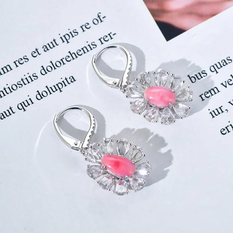 Queen Conch Pearl & White Diamond Marquise Cut Earrings 18K Solid White Gold Flower Earrings (Customize), Strombus Gigas, Flamed Pink Pearl - LaCorserArtJewelry