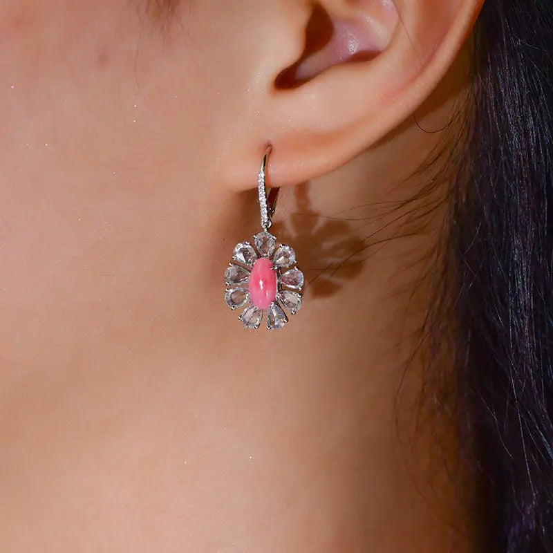 Queen Conch Pearl & White Diamond Marquise Cut Earrings 18K Solid White Gold Flower Earrings (Customize), Strombus Gigas, Flamed Pink Pearl - LaCorserArtJewelry