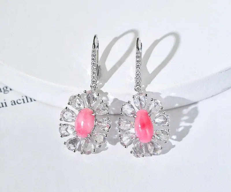Queen Conch Pearl & White Diamond Marquise Cut Earrings 18K Solid White Gold Flower Earrings (Customize), Strombus Gigas, Flamed Pink Pearl - LaCorserArtJewelry