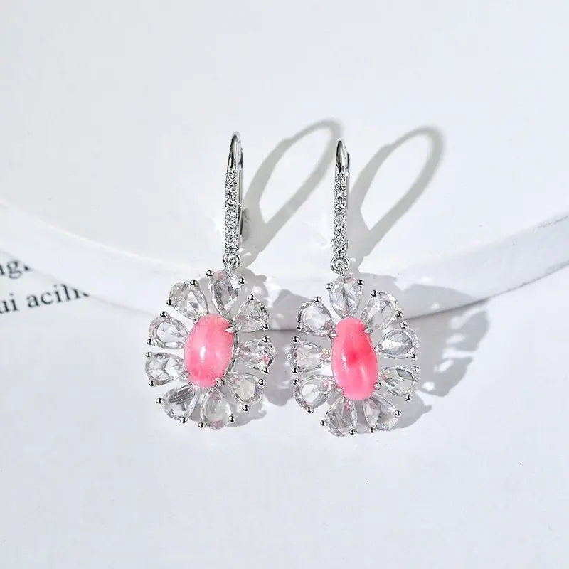 Queen Conch Pearl & White Diamond Marquise Cut Earrings 18K Solid White Gold Flower Earrings (Customize), Strombus Gigas, Flamed Pink Pearl - LaCorserArtJewelry