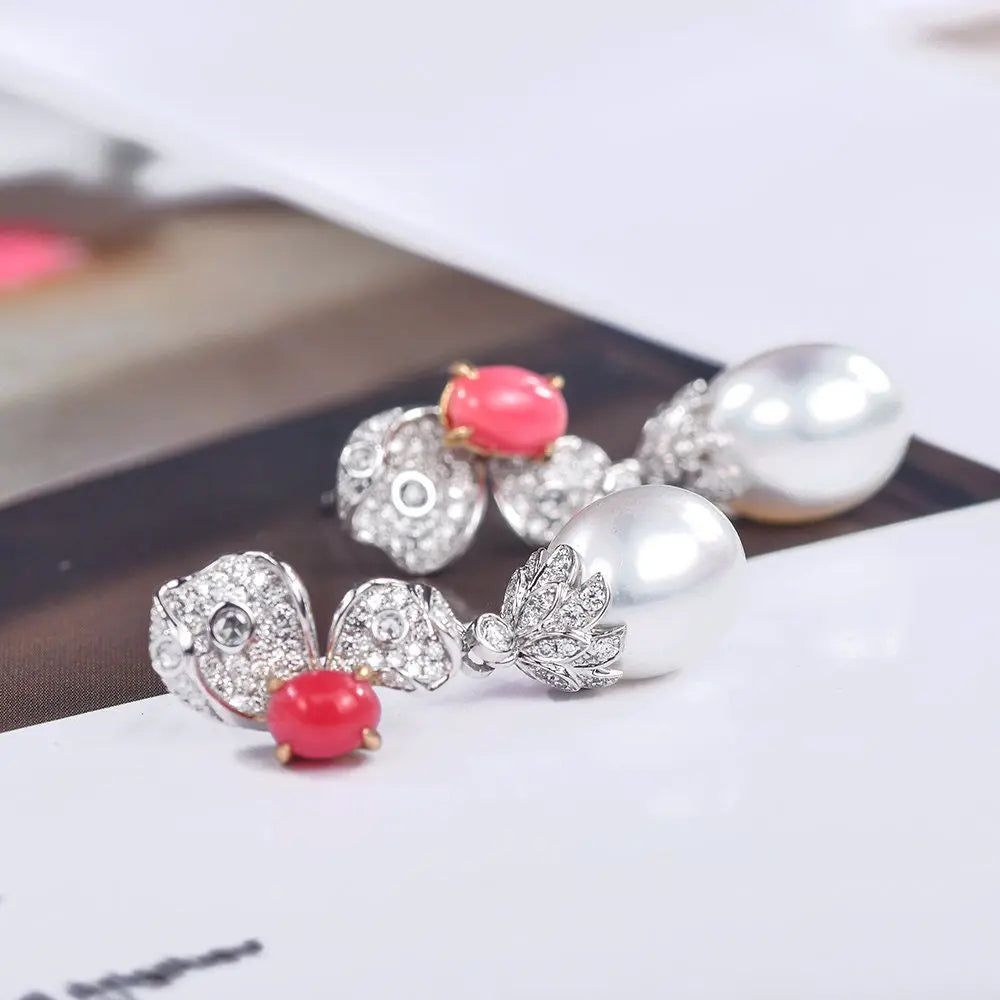 Queen Conch Pearl & White Diamond Baroque Pearl Earrings 18K Solid White Gold Flower Earrings (Customize), Strombus Gigas, Flamed Pink Pearl Etsy