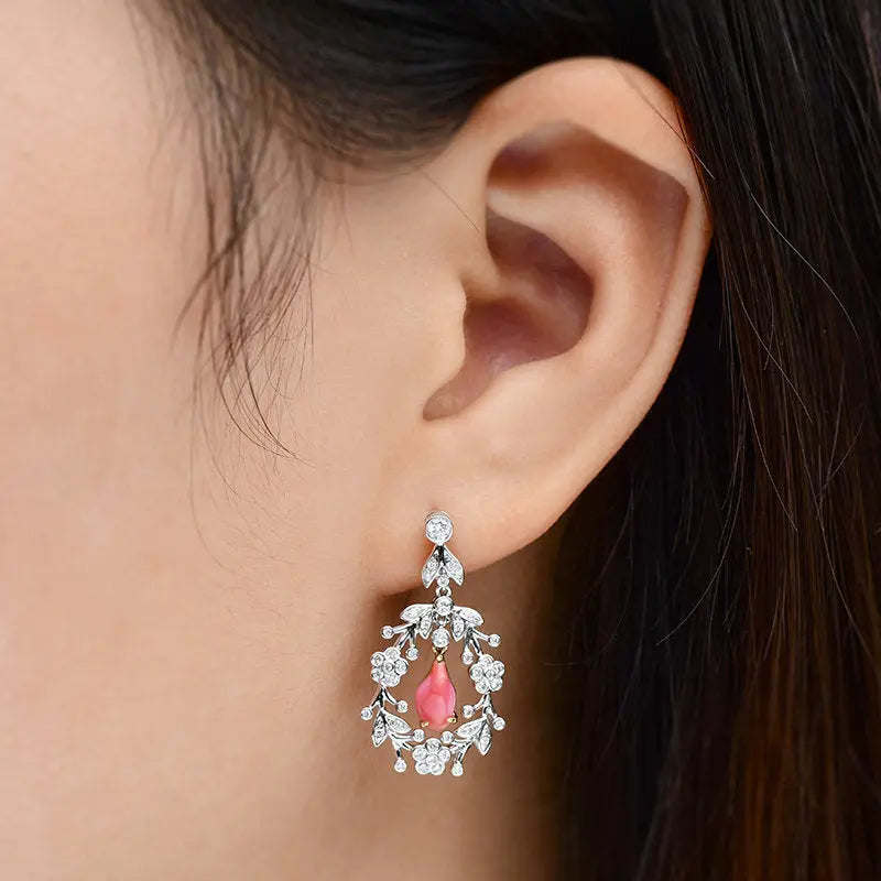 Queen Conch Pearl & White Diamond Earrings 18K Solid White Gold Wreath Flower Earrings (Customize), Strombus Gigas, Flamed Pink Pearl Etsy