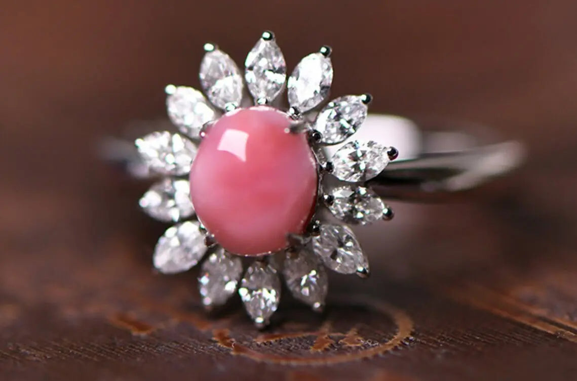Queen Conch Pearl & Marquise White Diamond 18k Solid White Gold Ring (Customize), Strombus Gigas, Flamed Pink Pearls, Engagement ring Etsy
