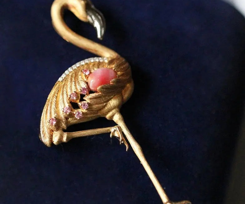 Crane Queen Conch Pearl & Pink Sapphire White Diamond 18k Solid Yellow Gold Brooch, Natural Queen Conch Pearl, Fine Jewelry Etsy