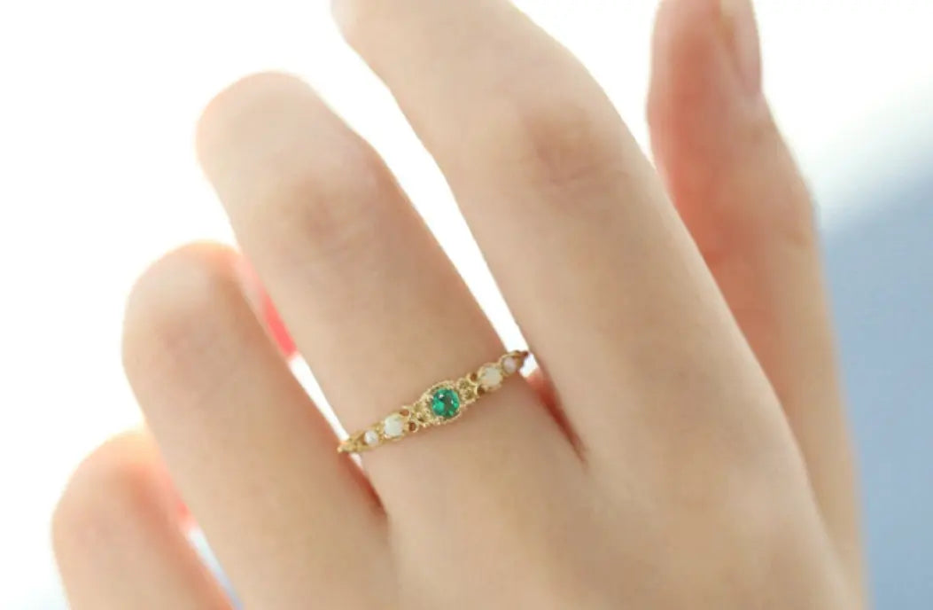 Emerald & Pearl, Opal Ring Handmade 18K Solid Yellow Gold Ring, Cluster Rings, Anniversary Gift Idea, Retro Jewelry Etsy