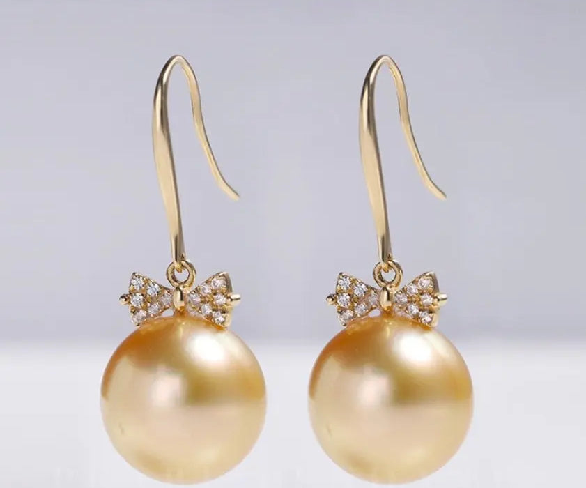 11mm Natural Golden South Sea Pearl Earrings, 18K Solid Champagne Gold Earrings, Bowknot Earring, Seawater Pearl Earrings, Gift for Mom Etsy