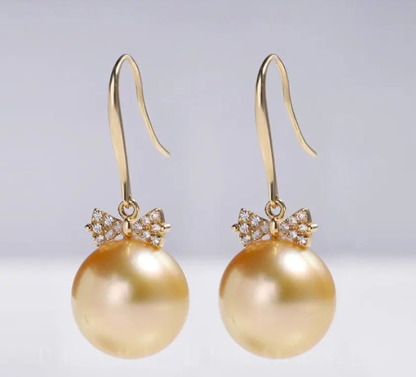 11mm Natural Golden South Sea Pearl Earrings, 18K Solid Champagne Gold Earrings, Bowknot Earring, Seawater Pearl Earrings, Gift for Mom Etsy