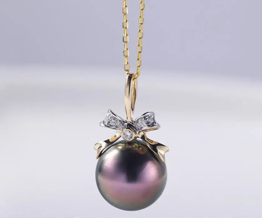 11mm Tahitian Black Pearl & Diamond Necklace, 18K Yellow Gold Etsy