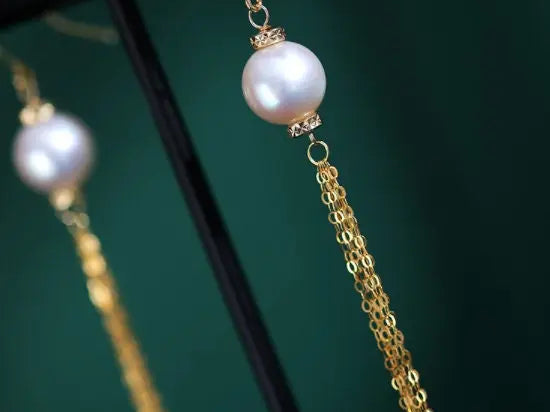 9mm Japan Akoya Pearl Earrings - 18K Gold Tassel Design Etsy