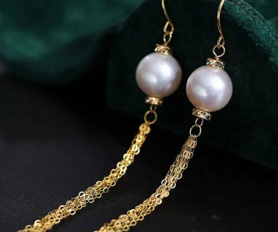 9mm Japan Akoya Pearl Earrings - 18K Gold Tassel Design Etsy