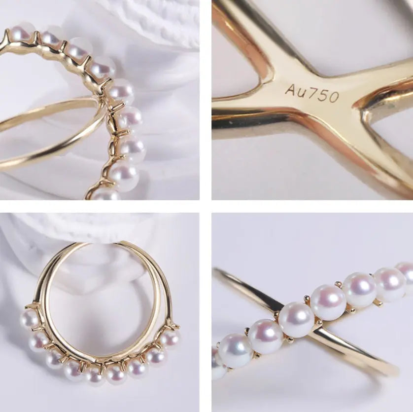 5A+ Natural Akoya Pearl Ring Handmade, 18K Yellow Gold Akoya Pearl Beaded Ring, Double Ring, Seawater Pearl Ring, Anniversary Gift Idea Etsy