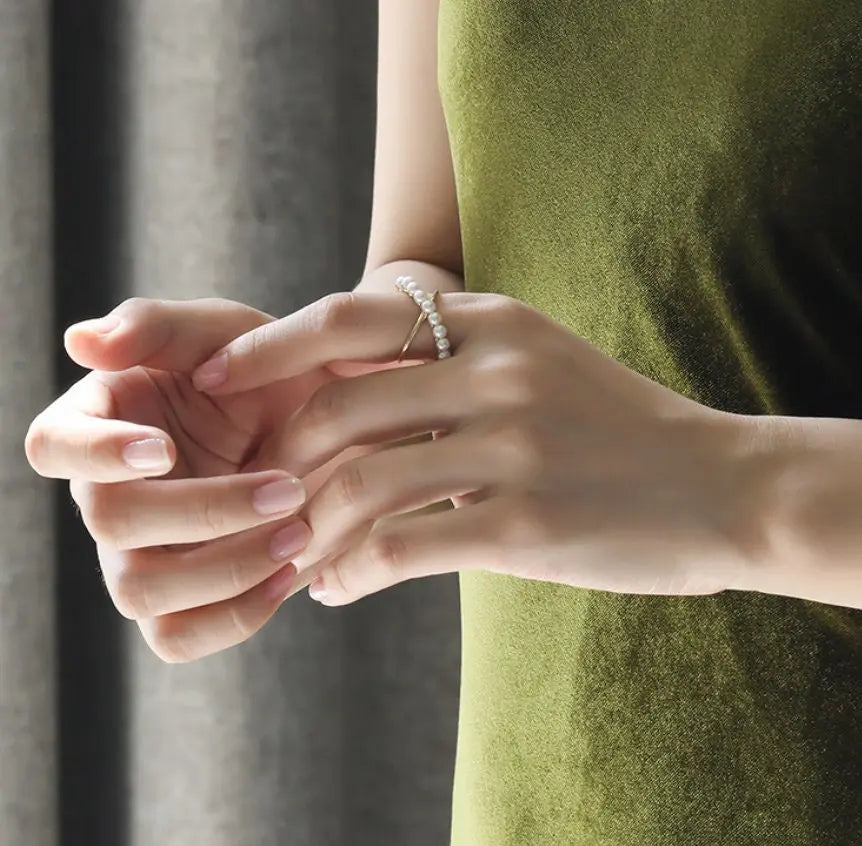 5A+ Natural Akoya Pearl Ring Handmade, 18K Yellow Gold Akoya Pearl Beaded Ring, Double Ring, Seawater Pearl Ring, Anniversary Gift Idea Etsy