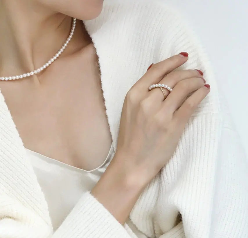 5A+ Natural Akoya Pearl Ring Handmade, 18K Yellow Gold Akoya Pearl Beaded Ring, Double Ring, Seawater Pearl Ring, Anniversary Gift Idea Etsy