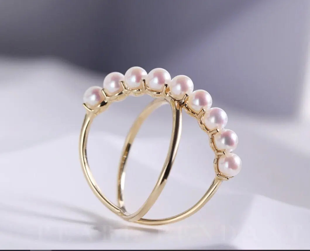 5A+ Natural Akoya Pearl Ring Handmade, 18K Yellow Gold Akoya Pearl Beaded Ring, Double Ring, Seawater Pearl Ring, Anniversary Gift Idea Etsy