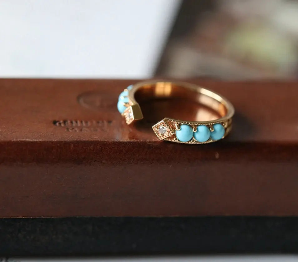 Natural Turquoise Cabochen & White Diamond Ring Handmade 18K Solid Yellow Gold Open Ring, Carved Ring, Anniversary Gift Idea, Retro Jewelry - LaCorserArtJewelry