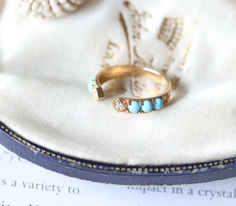 Natural Turquoise Cabochen & White Diamond Ring Handmade 18K Solid Yellow Gold Open Ring, Carved Ring, Anniversary Gift Idea, Retro Jewelry - LaCorserArtJewelry