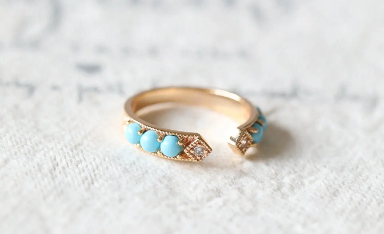 Natural Turquoise Cabochen & White Diamond Ring Handmade 18K Solid Yellow Gold Open Ring, Carved Ring, Anniversary Gift Idea, Retro Jewelry - LaCorserArtJewelry