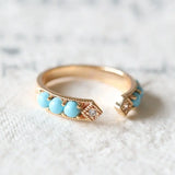 Natural Turquoise Cabochen & White Diamond Ring Handmade 18K Solid Yellow Gold Open Ring, Carved Ring, Anniversary Gift Idea, Retro Jewelry - LaCorserArtJewelry