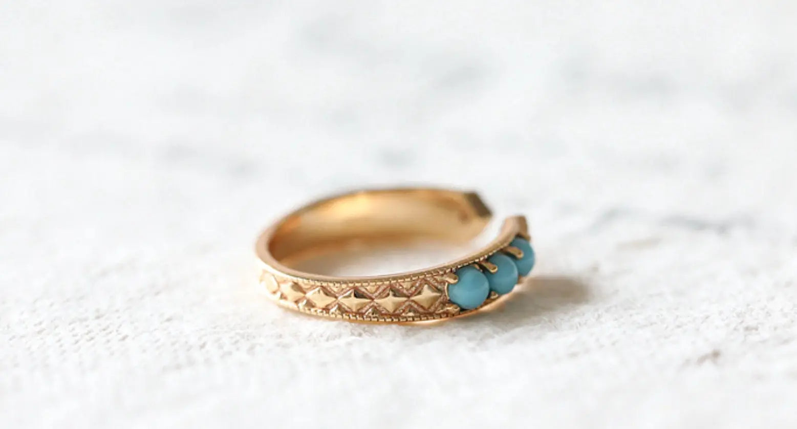 Natural Turquoise Cabochen & White Diamond Ring Handmade 18K Solid Yellow Gold Open Ring, Carved Ring, Anniversary Gift Idea, Retro Jewelry - LaCorserArtJewelry