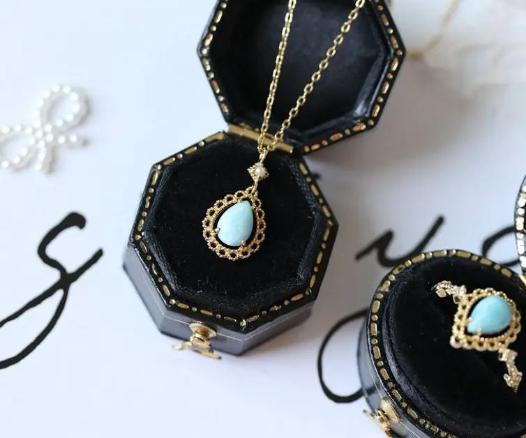 Natural Larimar Teardrop with Diamond Pearl Necklace & Ring 18K Solid Yellow Gold Necklace, Fine Jewelry, Gift for Her, Retro Fine Jewelry Etsy